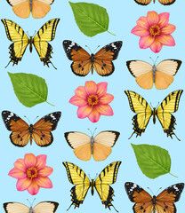 Fototapeta na wymiar Seamless pattern with butterflies and flowers. Forest background. Hand-drawn illustration, colored