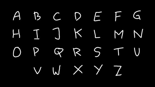 Set of hand drawn white doodle Alphabet on a black background. Looped motion graphics.Doodle loop animation.