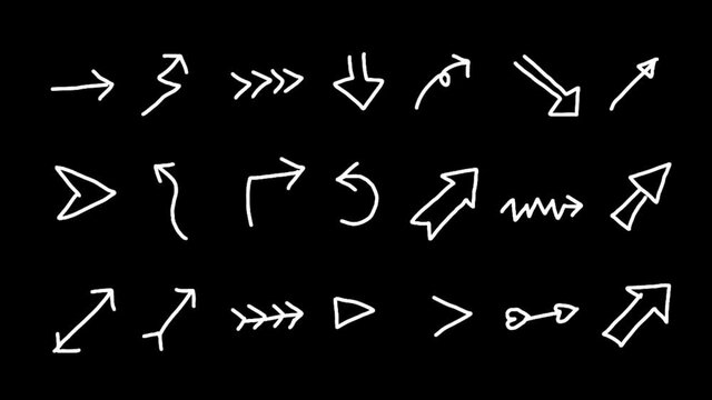 Set of animated hand drown Doodle sketch Arrow on black screen. Loop animation.