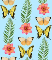 Seamless pattern with butterflies and flowers. Forest background. Hand-drawn illustration, colored