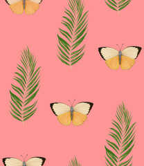 Seamless pattern with butterflies and leaves. Forest background. Hand-drawn illustration, colored