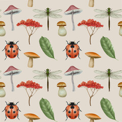 Seamless pattern with insects, mushrooms and leaves. Forest background. Hand-drawn illustration, colored © Victoria Novak