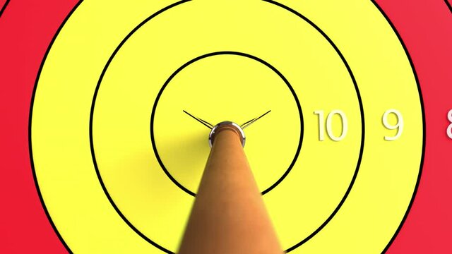 Arrow  spear dart to miffle dartboard point with camera track follow spear.Sport game realistic conceptual with 3d rendering. 