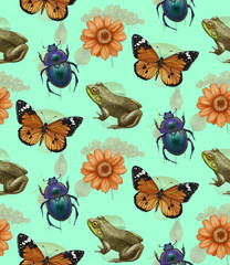 Seamless pattern with beetles, flowers, frogs and butterflies. Forest background. Hand-drawn illustration, colored