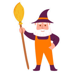 Halloween gnome with broom  and beard ,hat .Trick or treat. Cute cartoon character.Vector flat illustration.Isolated on white background.