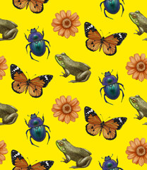 Seamless pattern with beetles, flowers, frogs and butterflies. Forest background. Hand-drawn illustration, colored