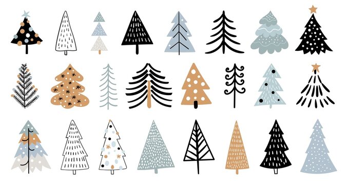 Christmas winter collection with trees, isolated on white, different seasonal design, doodle shapes