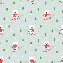 Cute polar bear plays ski in Christmas winter forest