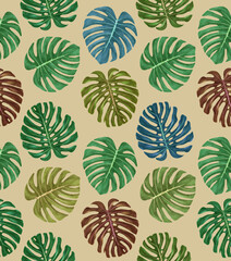 Naklejka premium Seamless Pattern with hand-drawn palm leaves, digitally colored