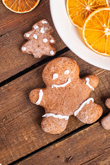 gingerbread man christmas cookie sweet dessert new year homemade pastries biscuit food background copy space 