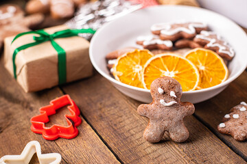gingerbread man christmas cookie sweet dessert new year homemade pastries biscuit food background copy space 