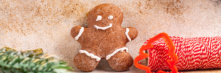 gingerbread man christmas cookie sweet dessert new year homemade pastries biscuit food background copy space 