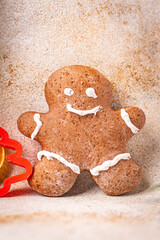 gingerbread man christmas cookie sweet dessert new year homemade pastries biscuit food background copy space 