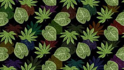 Seamless pattern with leaves. Forest background. Hand-drawn illustration, colored