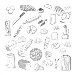 Set of monochrome vector illustrations of bread in sketch style. Collection of hand drawings in art ink style. Black and white graphics.