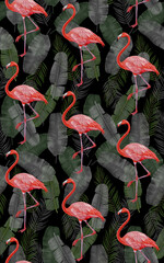 Seamless Pattern with hand-drawn palm leaves and flamingos, digitally colored