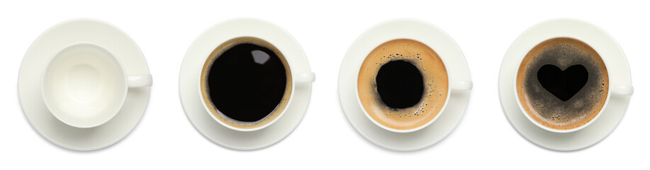 Set with cups of tasty aromatic coffee on white background, top view. Banner design