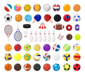 Collection of sports balls and other equipment. Colorful illustration isolated on white background.