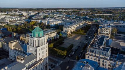 Fototapeta premium Aerial view of the new town of Val d'Europe in Marne La Vallée, in the eastern suburbs of Paris, France - Modern residential appartment buildings and offices in development