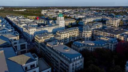 Aerial view of the new town of Val d'Europe in Marne La Vallée, in the eastern suburbs of Paris, France - Modern residential appartment buildings and offices in development