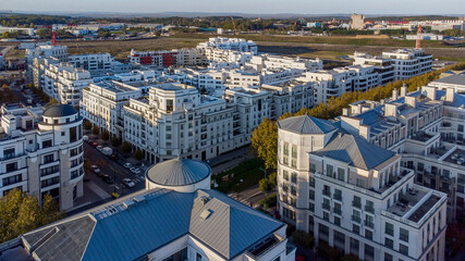 Fototapeta premium Aerial view of the new town of Val d'Europe in Marne La Vallée, in the eastern suburbs of Paris, France - Modern residential appartment buildings and offices in development