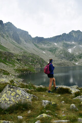 lake in the mountains slovakian tatra mountains high Veľké Hincovo pleso girl woman hiker hiking 
