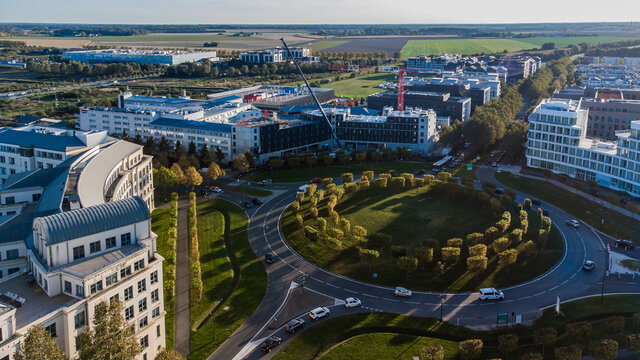 Aerial view of a roundabout the new town of Val d'Europe in Marne La Vall&eacute;e, in the eastern suburbs of Paris, France - Modern offices in development