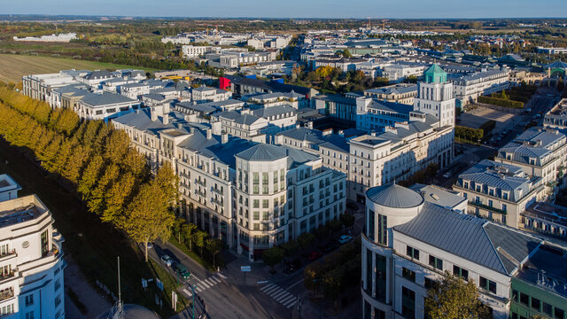 Aerial view of the new town of Val d'Europe in Marne La Vall&eacute;e, in the eastern suburbs of Paris, France - Modern residential appartment buildings and offices in development