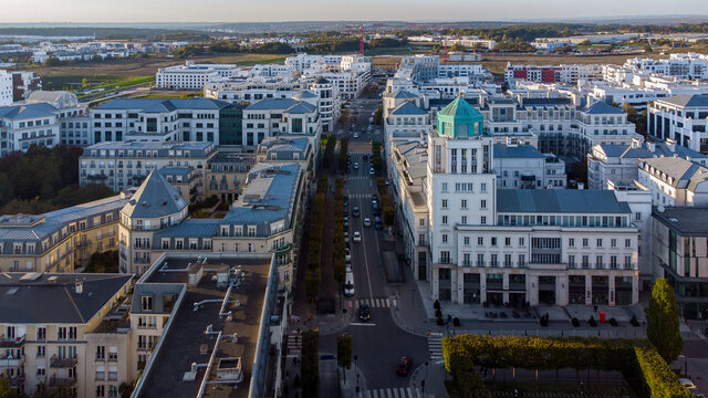 Aerial view of the new town of Val d'Europe in Marne La Vall&eacute;e, in the eastern suburbs of Paris, France - Modern residential appartment buildings and offices in development