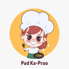 Happy cute girl chef cooking Thai food cartoon art illustration.