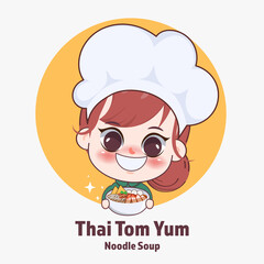 Happy cute girl chef cooking Thai Tom-yum noodle soup cartoon art illustration.