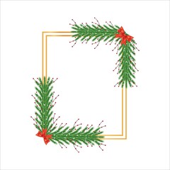 Fototapeta na wymiar Christmas Realistic frame with red berries, pine leaves, red ribbon. Xmas frame on white background. Square photo frame with snowflakes and red ribbon on white background.