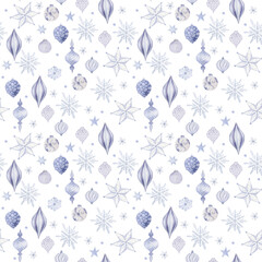 Watercolor painting seamless pattern with christmas decorations, light blue - 464297948