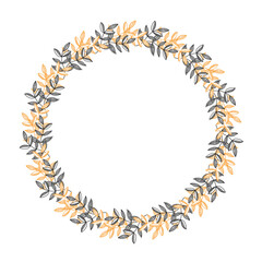 Vector hand drawn spring wreath isolated on white background. Silhouette circle of leaves. Doodle style. Floral frame.
