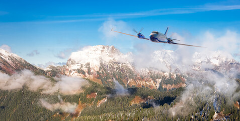 Twin Engine Airplane Flying over the Rocky Mountain Landscape. Adventure Composite. 3D Rendering...