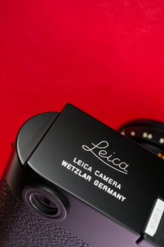 Bangkok/Thailand - July 4, 2022 : Close up logo of 35mm grandfather photography since 1913 in name Leica by Leica Camera AG from Germany on top plate of Leica M-D digital camera from 2014. 