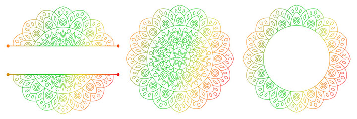 Set of flower mandalas. Split pattern in form of mandala for Henna Mehndi or tattoo decoration. Decorative ornament in ethnic oriental style, vector illustration.