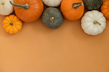 Bunch of classic orange, hooligan and baby boo pumpkins isolated on bright background as a symbol of autumnal holidays with a lot of copy space for text. Close up.