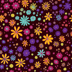 Flower field on dark seamless pattern. Repeating dense liberty doodle flower meadow background. Scandinavian style line art florals. Vector illustration, texture, print