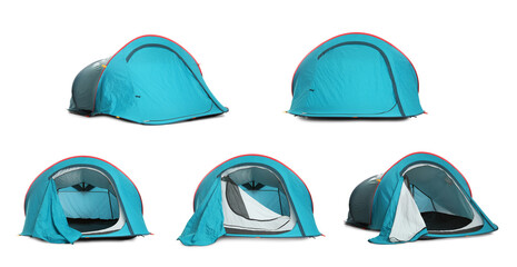 Light blue camping tents on white background, collage © New Africa