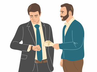 A man gives money to a man who looks at his watch. The man returns a long-standing debt to the creditor. Flat vector illustration.