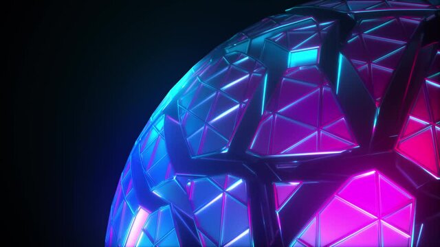 Polygonal 3d render round frame with broken joints and cyber fractals. Geometric futuristic ball with technology tracery and shattered surface triangular lines formations.