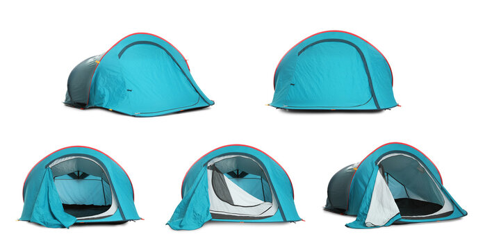 Light Blue Camping Tents On White Background, Collage