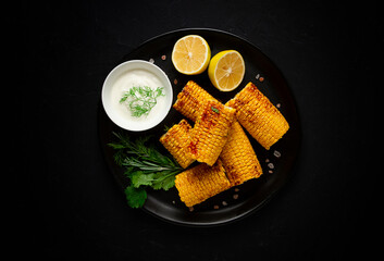 grilled corn with spices, top view, horizontal, no people,