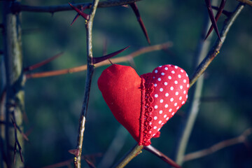 An image of a soft toy in the shape of a heart. Handicraft work.
