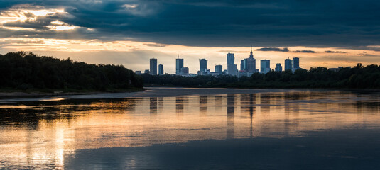 Sunset panorama of Warsaw from the Siekierkowski bridge, September 2017, Warsaw, Poland.