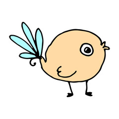 Funny orange bird. orange-colored drawing with a blue bird tail, hand-drawn, stylized in cartoon style, round shape