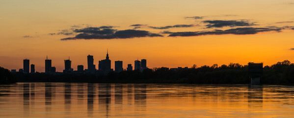 Sunset panorama of Warsaw from the Siekierkowski bridge.