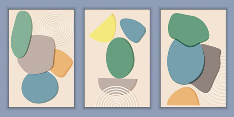 Set of modern templates with abstract composition of simple shapes. Trending collage style, minimalism. Pastel earthy colors. Vector banners for postcards, posters and social media covers