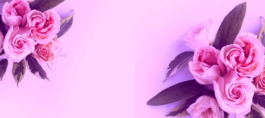 Bouquet of roses in pastel colors. Top view. A delicate festive composition. Background for a greeting card.